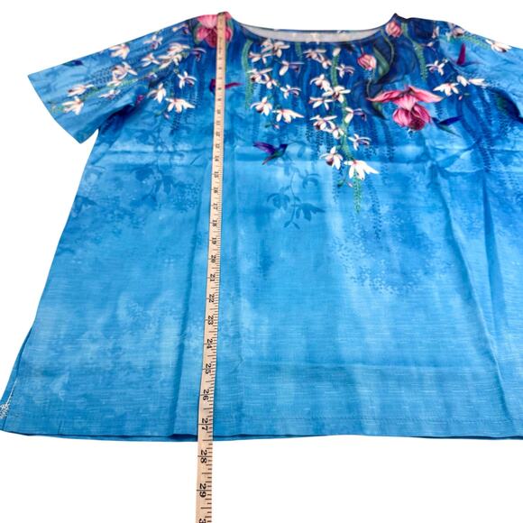 New In Bag Peacock Blue Floral Accent Short Sleeve Pop Over Top Lightweight - Picture 9 of 16